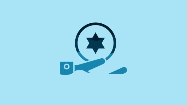 青い背景に隔離された手のアイコン上の青いユダヤのコイン 通貨記号 4Kビデオモーショングラフィックアニメーション — ストック動画