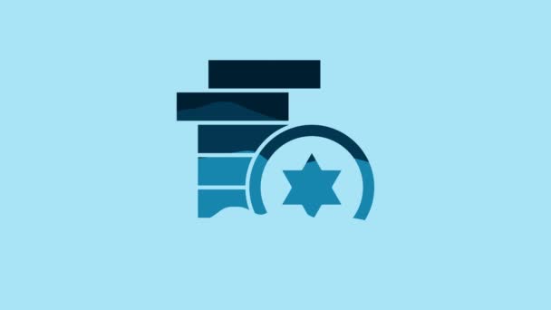 青色の背景に隔離された青いユダヤのコインアイコン 通貨記号 4Kビデオモーショングラフィックアニメーション — ストック動画