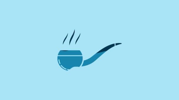 青色の背景に隔離された煙アイコンを持つ青色の喫煙パイプ タバコパイプ 4Kビデオモーショングラフィックアニメーション — ストック動画