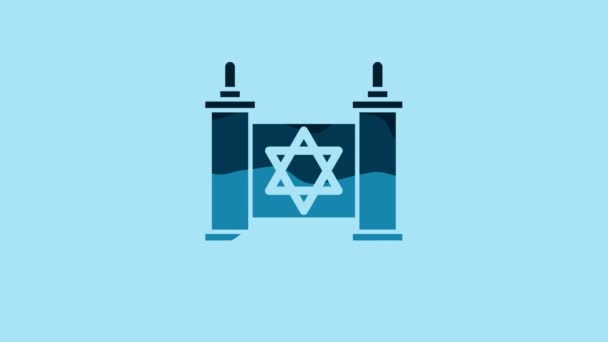 青の背景に隔離された青のトーラーのスクロールアイコン ユダヤ人のトーラーが拡大された ダビデの星のシンボル 古い羊皮紙スクロールします 4Kビデオモーショングラフィックアニメーション — ストック動画