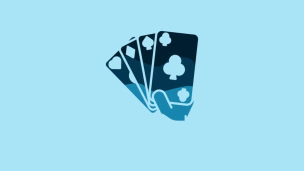 蓝色手握着在蓝色背景上孤立的扑克牌图标 卡西诺游戏设计 4K视频运动图形动画 — 图库视频影像