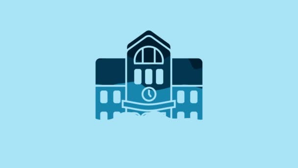 Blue School Building Icon Isolated Blue Background Video Motion Graphic — стоковое видео