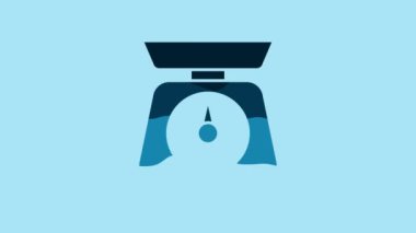 Blue Scales icon isolated on blue background. Weight measure equipment. 4K Video motion graphic animation.