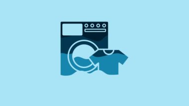 Blue Washer and t-shirt icon isolated on blue background. Washing machine icon. Clothes washer, laundry machine. Home appliance symbol. 4K Video motion graphic animation.