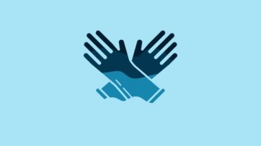Blue Rubber gloves icon isolated on blue background. Latex hand protection sign. Housework cleaning equipment symbol. 4K Video motion graphic animation.