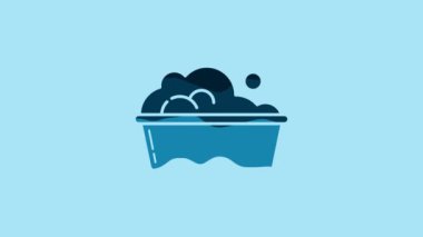 Blue Plastic basin with soap suds icon isolated on blue background. Bowl with water. Washing clothes, cleaning equipment. 4K Video motion graphic animation.