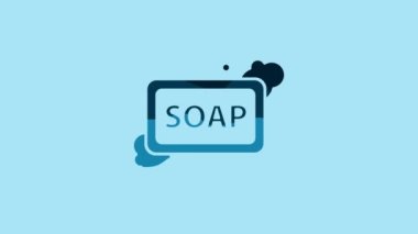 Blue Bar of soap with foam icon isolated on blue background. Soap bar with bubbles. 4K Video motion graphic animation.