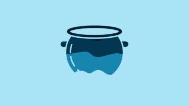 Blue Halloween witch cauldron icon isolated on blue background. Happy Halloween party. 4K Video motion graphic animation.