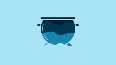 Blue Halloween witch cauldron icon isolated on blue background. Happy Halloween party. 4K Video motion graphic animation.