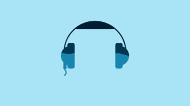 Blue Headphones icon isolated on blue background. Earphones sign. Concept for listening to music, service, communication and operator. 4K Video motion graphic animation.