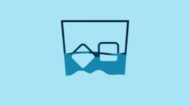 Blue Glass of whiskey and ice cubes icon isolated on blue background. 4K Video motion graphic animation.