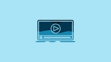 Blue Online play video icon isolated on blue background. Laptop and film strip with play sign. 4K Video motion graphic animation.