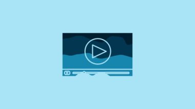 Blue Online play video icon isolated on blue background. Film strip with play sign. 4K Video motion graphic animation.