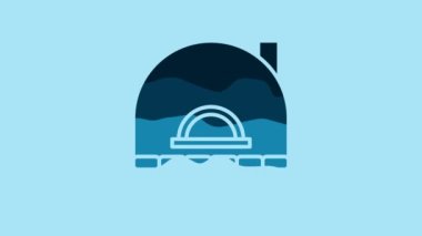 Blue Brick stove icon isolated on blue background. Brick fireplace, masonry stove, stone oven icon.4K Video motion graphic animation.