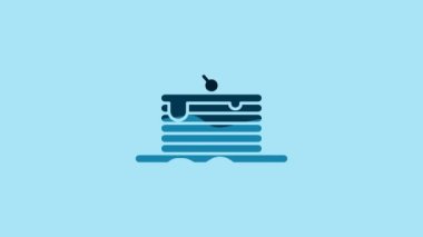 Blue Stack of pancakes icon isolated on blue background. Baking with syrup and cherry. Breakfast concept. 4K Video motion graphic animation.