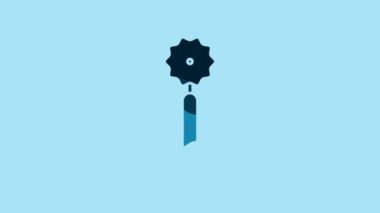 Blue Pizza knife icon isolated on blue background. Pizza cutter sign. Steel kitchenware equipment. 4K Video motion graphic animation.