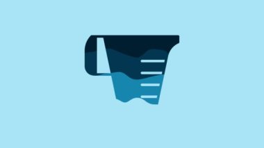 Blue Measuring cup to measure dry and liquid food icon isolated on blue background. Plastic graduated beaker with handle. 4K Video motion graphic animation.