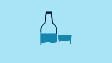 Blue Closed glass bottle with milk and glass icon isolated on blue background. 4K Video motion graphic animation.
