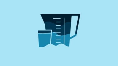 Blue Measuring cup to measure dry and liquid food icon isolated on blue background. Plastic graduated beaker with handle. 4K Video motion graphic animation.