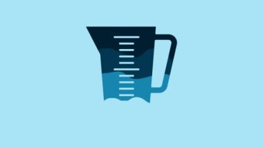 Blue Measuring cup to measure dry and liquid food icon isolated on blue background. Plastic graduated beaker with handle. 4K Video motion graphic animation.