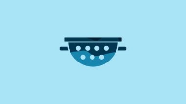 Blue Kitchen colander icon isolated on blue background. Cooking utensil. Cutlery sign. 4K Video motion graphic animation.