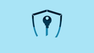 Blue Shield with key icon isolated on blue background. Protection and security concept. Safety badge icon. Privacy banner. Defense tag. 4K Video motion graphic animation.