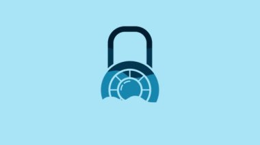 Blue Safe combination lock wheel icon isolated on blue background. Combination padlock. Security, safety, protection, password, privacy. 4K Video motion graphic animation.