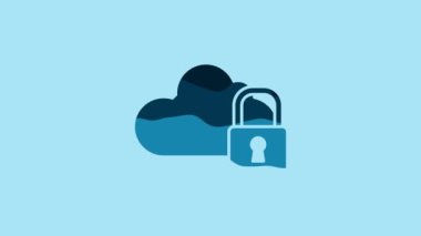 Blue Cloud computing lock icon isolated on blue background. Security, safety, protection concept. Protection of personal data. 4K Video motion graphic animation.