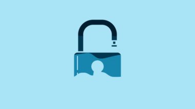 Blue Open padlock icon isolated on blue background. Opened lock sign. Cyber security concept. Digital data protection. Safety safety. 4K Video motion graphic animation.