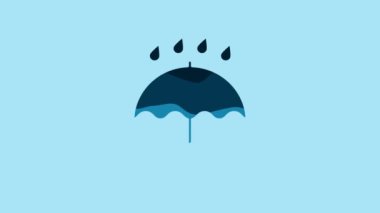 Blue Umbrella and rain drops icon isolated on blue background. Waterproof icon. Protection, safety, security concept. Water resistant symbol. 4K Video motion graphic animation.