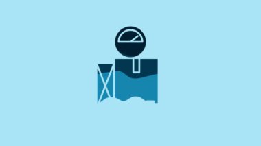 Blue Scale with cardboard box icon isolated on blue background. Logistic and delivery. Weight of delivery package on a scale. 4K Video motion graphic animation.