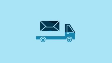 Blue Post truck icon isolated on blue background. Mail car. Vehicle truck transport with envelope or letter. 4K Video motion graphic animation.