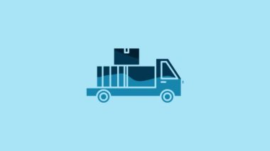 Blue Delivery truck with cardboard boxes behind icon isolated on blue background. 4K Video motion graphic animation.