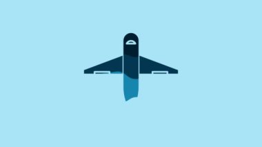 Blue Plane icon isolated on blue background. Delivery, transportation. Cargo delivery by air. Airplane with parcels, boxes. 4K Video motion graphic animation.