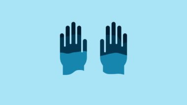 Blue Rubber gloves icon isolated on blue background. Latex hand protection sign. Housework cleaning equipment symbol. 4K Video motion graphic animation.