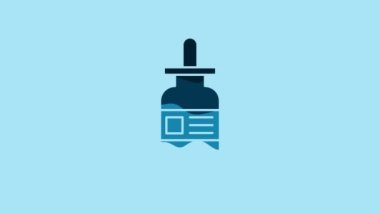 Blue Glass bottle with a pipette icon isolated on blue background. Container for medical and cosmetic product. 4K Video motion graphic animation.