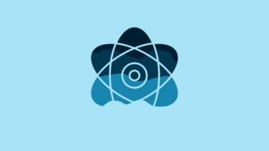 Blue Atom icon isolated on blue background. Symbol of science, education, nuclear physics, scientific research. Electrons and protons sign. 4K Video motion graphic animation.