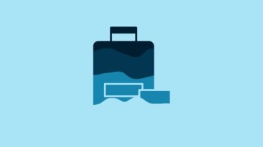 Blue Travel suitcase icon isolated on blue background. Traveling baggage insurance. Security, safety, protection, protect concept. 4K Video motion graphic animation.