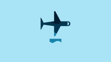 Blue Plane with shield icon isolated on blue background. Flying airplane. Airliner insurance. Security, safety, protection, protect concept. 4K Video motion graphic animation.