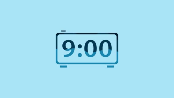 青の背景に隔離された青のデジタル目覚まし時計アイコン 電子時計の目覚まし時計 タイムアイコン 4Kビデオモーショングラフィックアニメーション — ストック動画