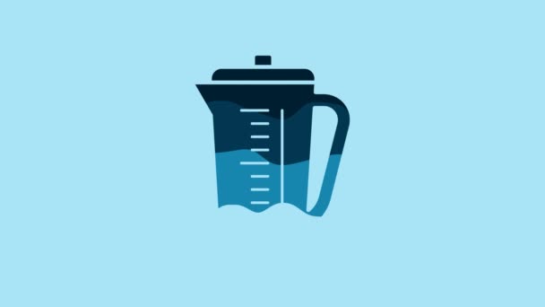 蓝色测量杯测量在蓝色背景上隔离的干液食物图标 塑料刻有手柄的烧杯 4K视频运动图形动画 — 图库视频影像