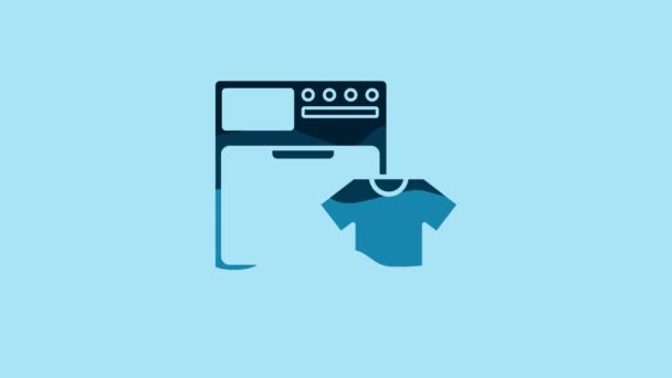 青の背景に隔離された青のワッシャーとTシャツのアイコン 洗濯機のアイコン 洗濯機 洗濯機 家電製品のシンボル 4Kビデオモーショングラフィックアニメーション — ストック動画