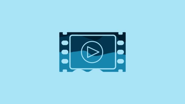 青の背景に隔離された青の再生ビデオアイコン プレイサイン付きのフィルムストリップ 4Kビデオモーショングラフィックアニメーション — ストック動画