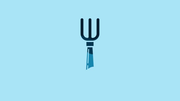 Blue Fork icon isolated on blue background. Cutlery symbol. 4K Video motion graphic animation.