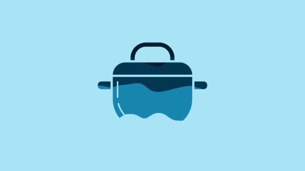 青い背景に隔離された青い鍋のアイコン 沸騰またはシチュー食品のシンボル 4Kビデオモーショングラフィックアニメーション — ストック動画