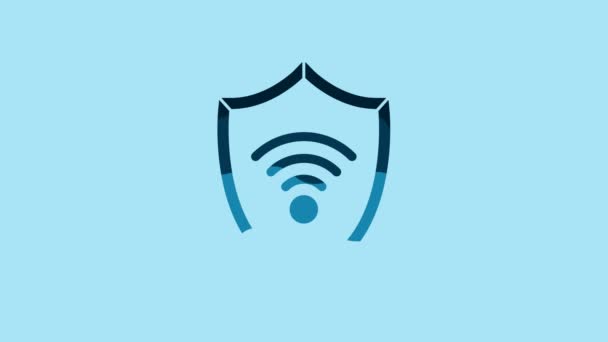 青の背景に隔離されたWifi無線インターネットネットワークシンボルアイコンとブルーシールド 保護の安全コンセプト 4Kビデオモーショングラフィックアニメーション — ストック動画