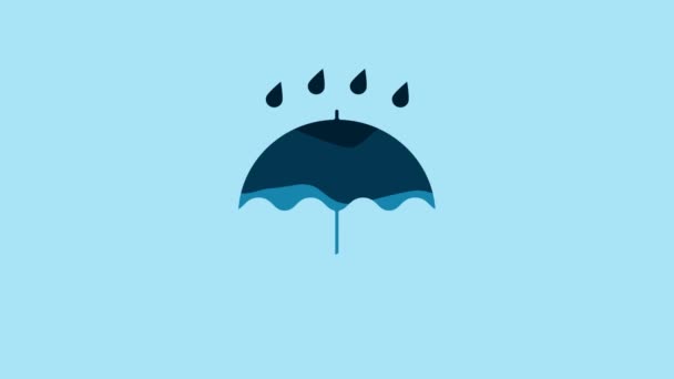 青い傘と雨が青の背景に孤立アイコンをドロップします 防水アイコン セキュリティの概念 防水シンボル 4Kビデオモーショングラフィックアニメーション — ストック動画
