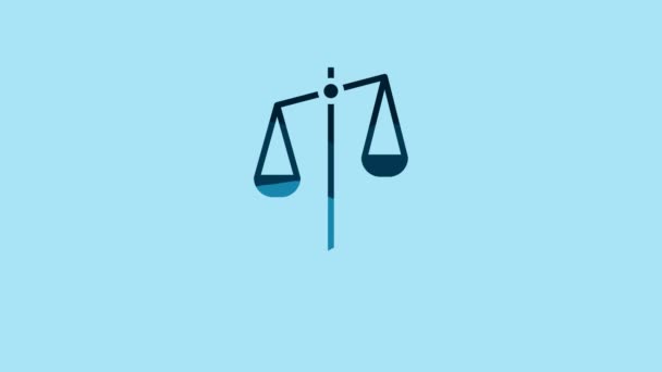 Синие Весы Правосудия Выделены Синем Фоне Символ Суда Знак Баланса — стоковое видео