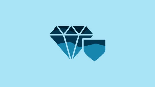 ブルーの背景にシールドアイコンを持つブルーダイヤモンド ジュエリー保険の概念 セキュリティ 安全性 保護の概念 4Kビデオモーショングラフィックアニメーション — ストック動画