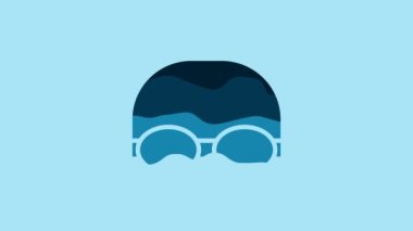 Blue Glasses and cap for swimming icon isolated on blue background. Swimming cap and goggles. Diving underwater equipment. 4K Video motion graphic animation.